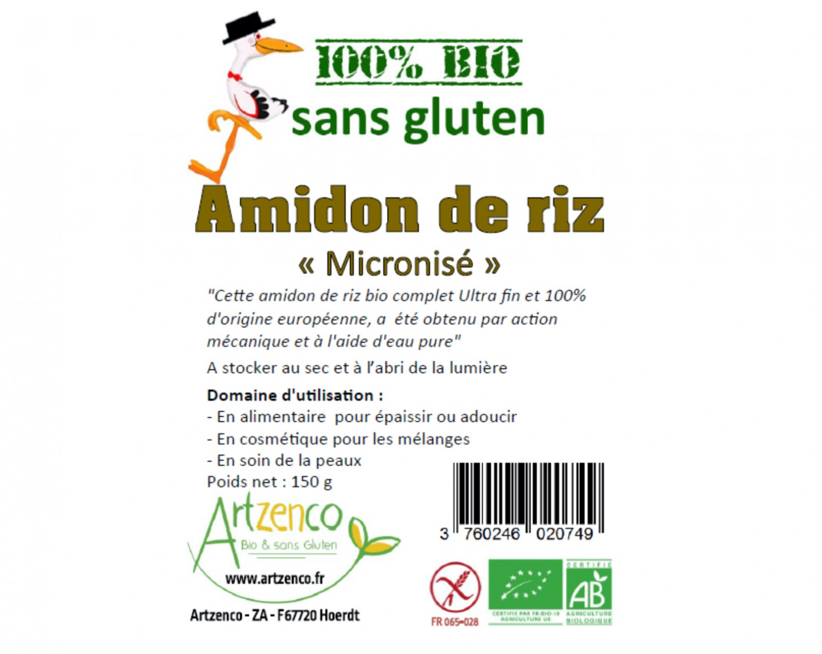 Amidon de riz blanc micronisee sans gluten 165g ARTZENCO