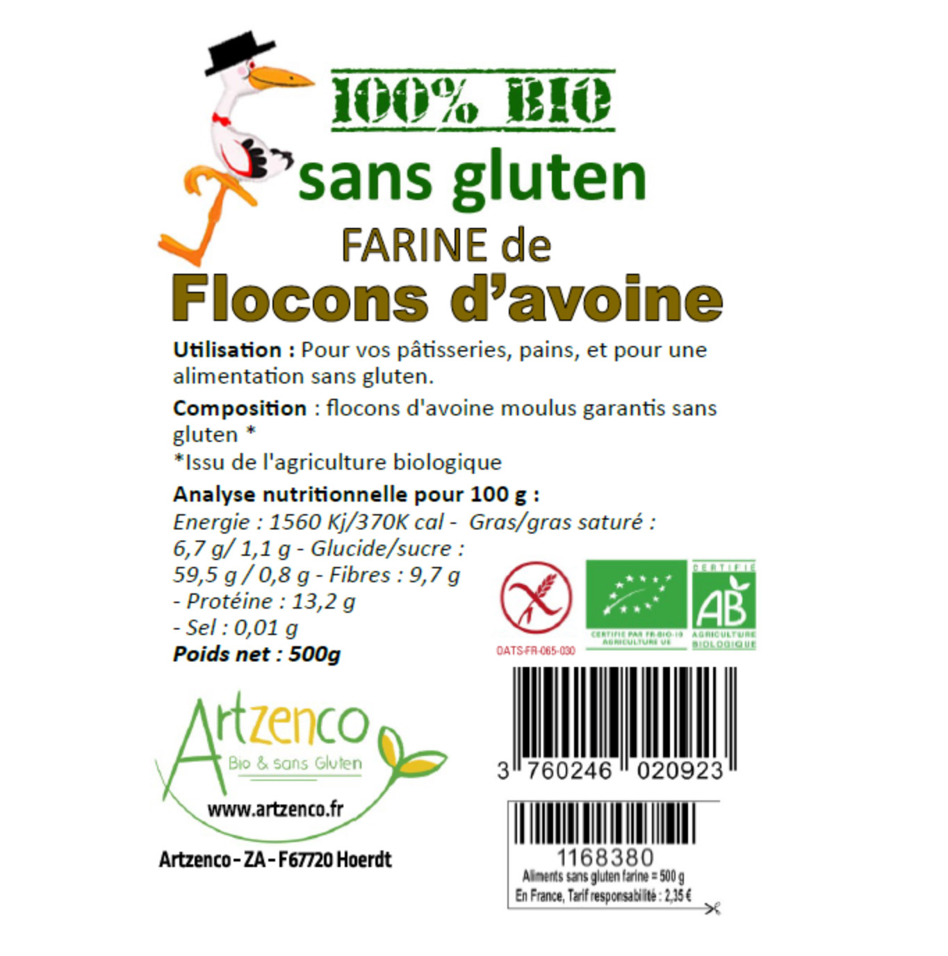 Farine d'avoine sans gluten 500g artz